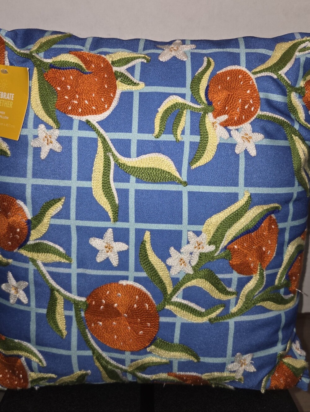 Blue & Orange Embroidered Citrus Accent Pillow